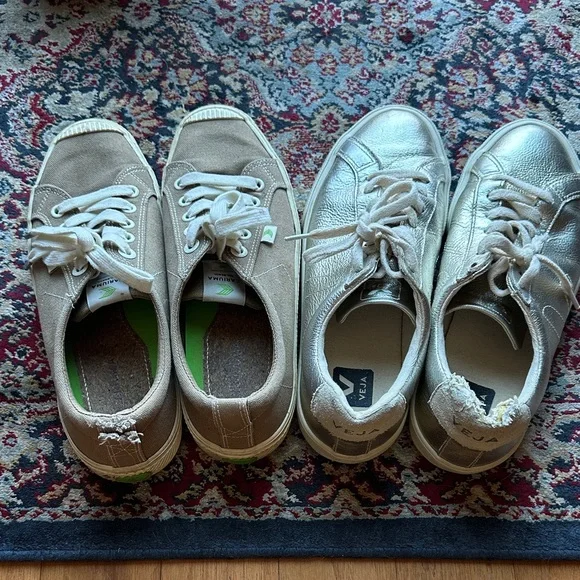Cariuma khaki sneakers and VEJA metallic gold sneakers. - Picture 2 of 2